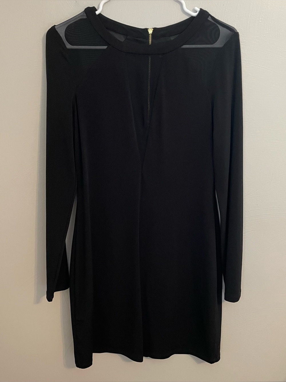 Express Black Long Sleeve Mesh V Neck Dress Gold Zipper In Back Size Medium